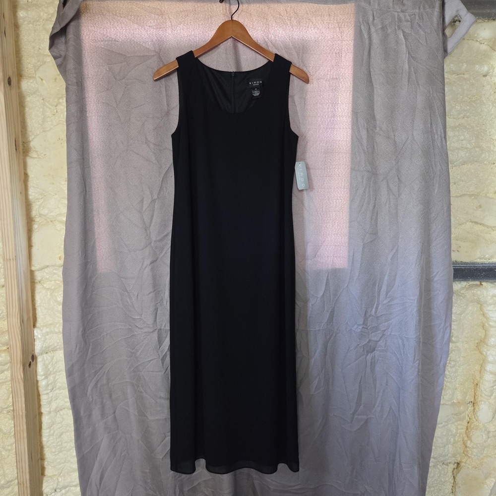 Virgo Petite Dress Womens 10 Black Solid Sleeveless Scoop Neck Long Sheath Lined